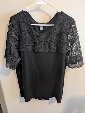 Adrianna Papell Women's XXL Black Lace Short Sleeve Top Whimsy Goth Witchy